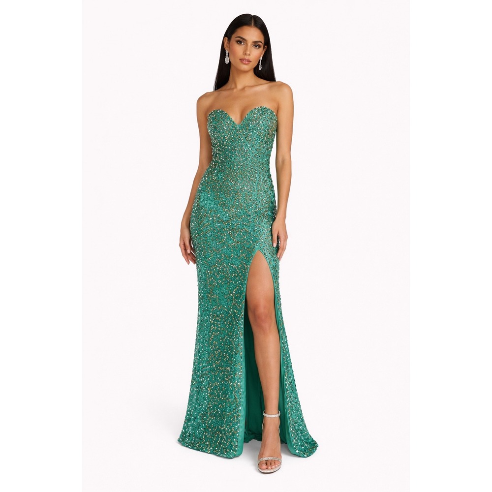 Primavera Sequin Gown Womens 8 Green Strapless Sweetheart High Slit Formal Dress